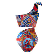 Women's One-Shoulder Trikini with Sicilian Print - Catania