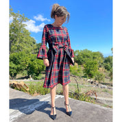 Tartan ruffled dress with blue background for mother