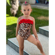 Girls' one-piece leopard print swimsuit with headband