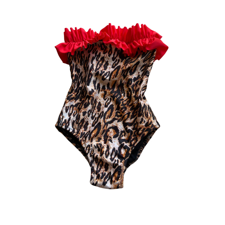 Girls' one-piece leopard print swimsuit with headband
