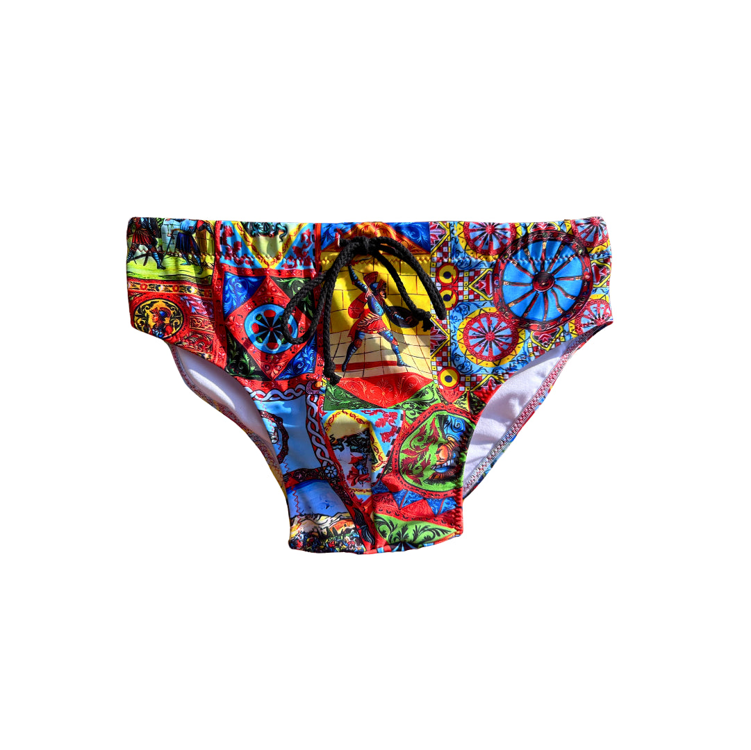 Sicilian print children's swimsuit briefs - figures