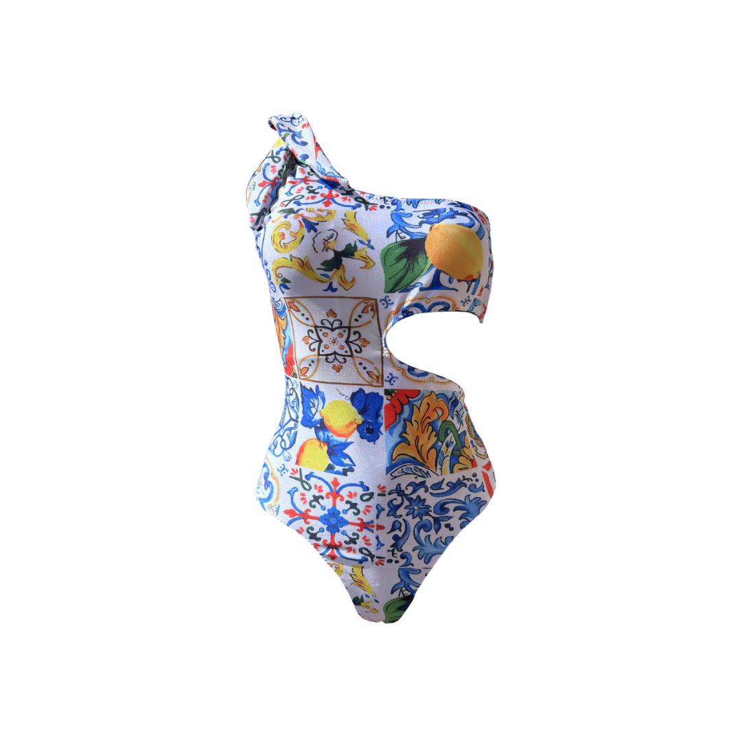 Trikini monospalla bambina stampa siciliana - maiolica