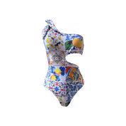 Trikini monospalla bambina stampa siciliana - maiolica