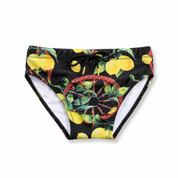 Sicilian-print swim trunks for boys - wheel and lemons