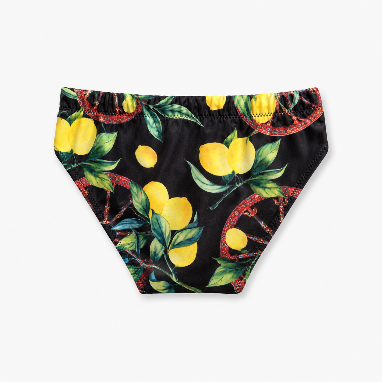 Sicilian-print swim trunks for boys - wheel and lemons