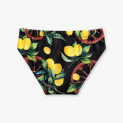 Sicilian-print swim trunks for boys - wheel and lemons