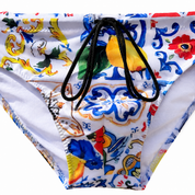 Sicilian-print boy's swimsuit briefs - majolica