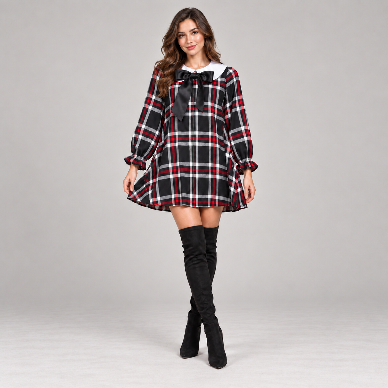 Vestitino tartan fondo nero donna
